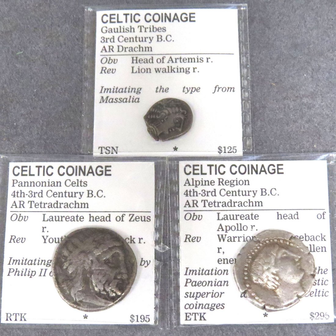 LOT (3) CELTIC SILVER COINS: LOT (3) CELTIC SILVER COINS INCLUDING PANNONIAN CELTS AR TETRADRAHM 4-3RD CENTURY BC, 25 MM; ALPINE REGION, AR TETRADRAHM 4-3RD CENTURY BC 24 MM; GAULISH TRIBES, AR DRACHM, 3RD CENTURY BC, 16 MM