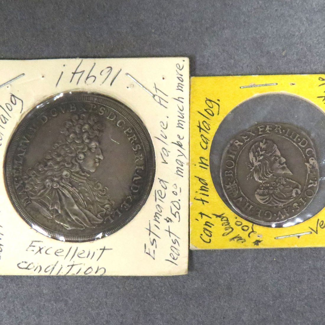 LOT (2) INCLUDING 1694 BAVARIAN SILVER THALER COIN: LOT (2) INCLUDING 1694 BAVARIAN SILVER THALER COIN (XF+) AND 1648 AUSTRIAN SILVER CORONA COIN