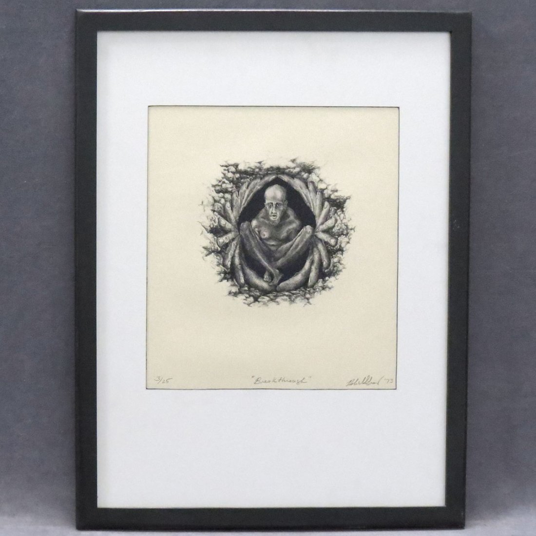 ROBERT GRAWI (AMERICAN 20TH CENTURY), STONE LITHO: ROBERT GRAWI (AMERICAN 20TH CENTURY), STONE LITHOGRAPH, "BREAK THROUGH", SIGNED #3/25 1973. SIGHT 14 1/2 X 13 3/4"; FRAMED AND GLAZED-27 X 22"
