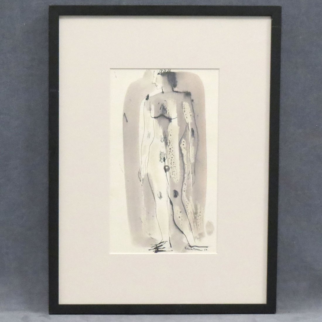 KONRAD CRAMER (AMERICAN/GERMANY 1888-1963), INK: KONRAD CRAMER (AMERICAN/GERMANY 1888-1963), INK AND WASH ON PAPER, UNTITLED NUDE STUDY, SIGNED 1952. SIGHT 12 X 7"; FRAMED AND GLAZED-20 X 15"