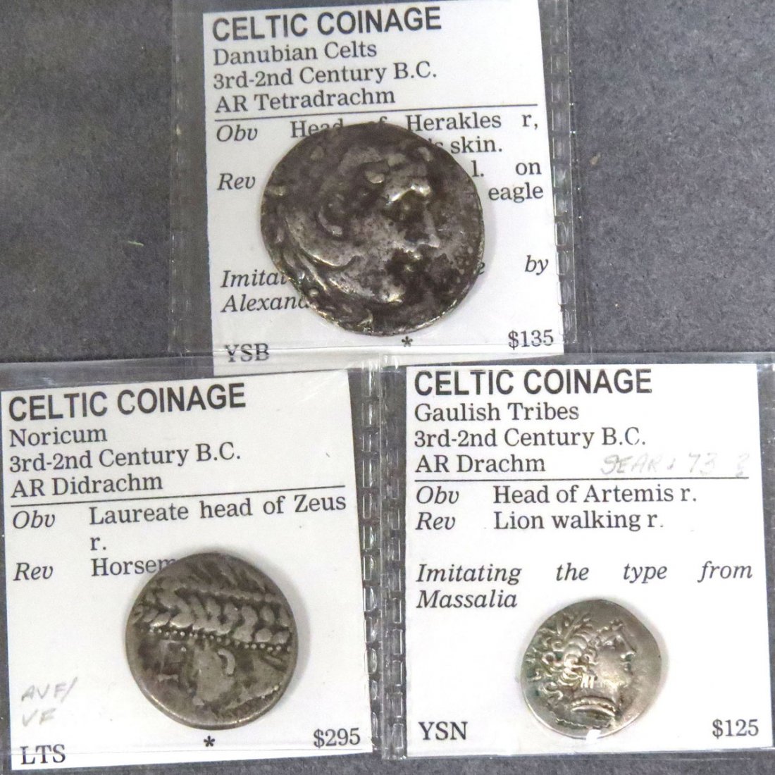 LOT (3) CELTIC SILVER COINS INCLUDING DANUBIAN: LOT (3) CELTIC SILVER COINS INCLUDING DANUBIAN CELTS, AR TETRADRACHM, 3-2ND CENTURY BC, 28 MM; NORICUM CELTS, AR DIDRACHM, 3-2ND CENTURY BC, 22 MM; GAULISH TRIBES AR DRACHM, 3-2ND CENTURY BC, 18 MM