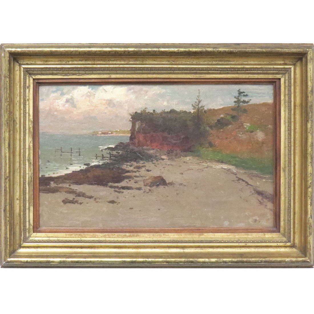 ATTRIBUTED TO ALFRED BRICHER (AMERICAN 1837-1908): ATTRIBUTED TO ALFRED BRICHER (AMERICAN 1837-1908), OIL ON CANVAS, BEACH SCENE, MONOGRAMMED. 10 1/2 X 17 1/2"; FRAMED 16 X 23" (RELINED)