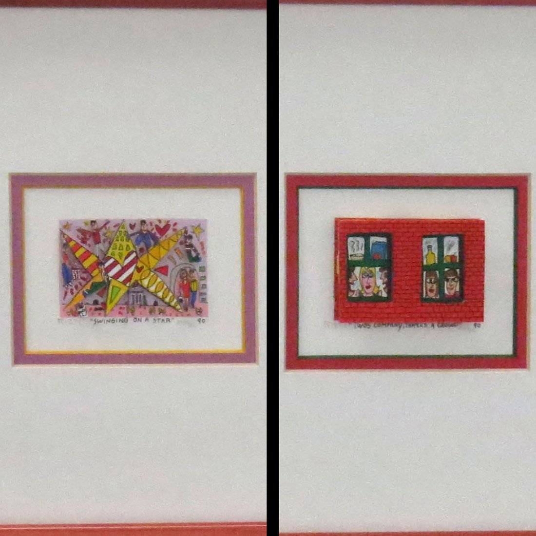 JAMES RIZZI (AMERICAN/NY 1950-2011), LOT (2): JAMES RIZZI (AMERICAN/NY 1950-2011), LOT (2) HAND CUT SERIGRAPHS WITH 3-D CONSTRUCTION, 1990 INCLUDING "SWINGING ON A STAR", SIGNED #343/350; "TWO'S COMPANY, THREE'S A CROWD", SIGNED #258/350, FRAMED