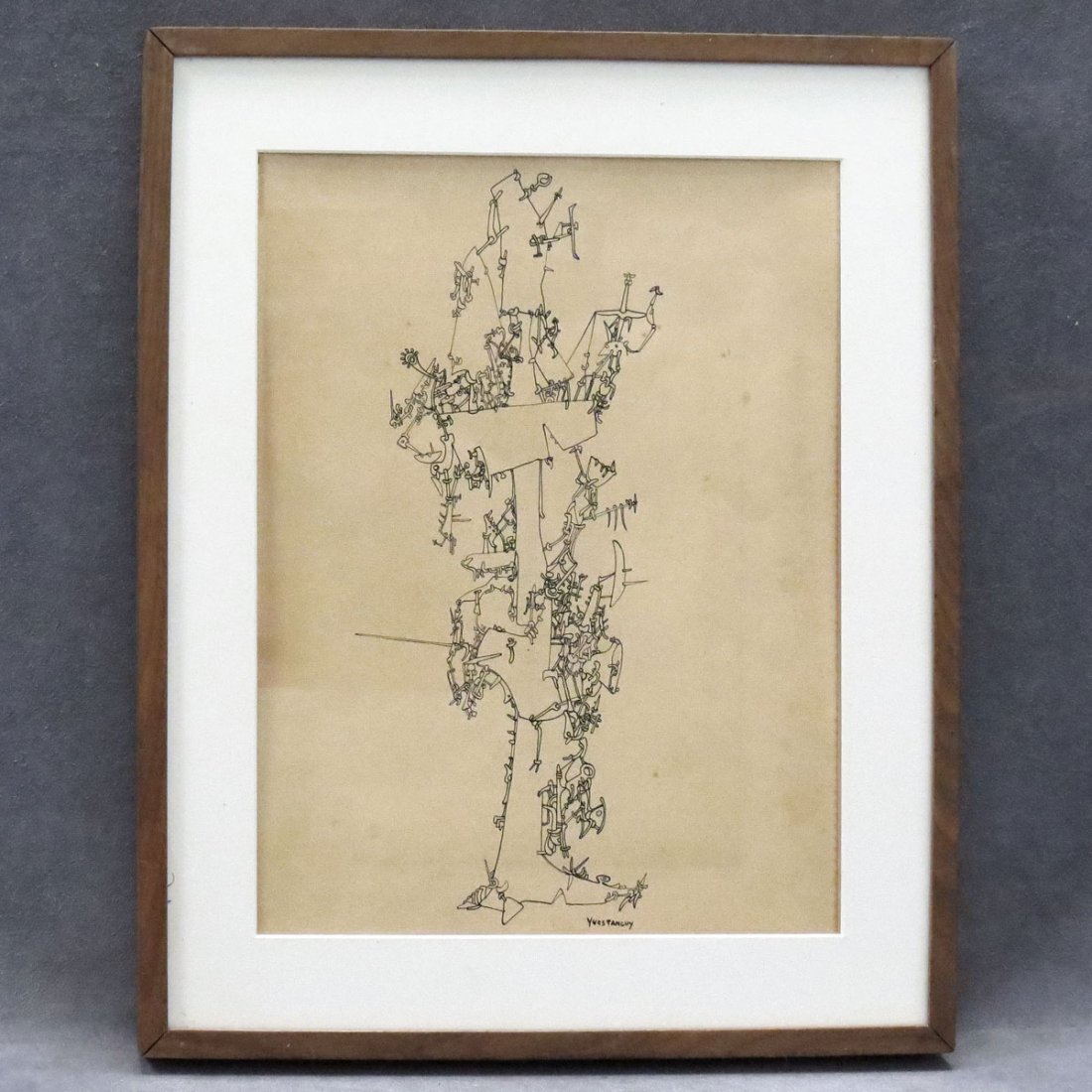 ATTRIBUTED TO YVES TANGUY (FRENCH/AMERICAN): ATTRIBUTED TO YVES TANGUY (FRENCH/AMERICAN 1900-1955), INK ON PAPER, UNTITLED SURREAL COMPOSITION, SIGNED. SIGHT 13 1/2 X 10 1/2"; FRAMED AND GLAZED-17 3/4 X 14 3/4"