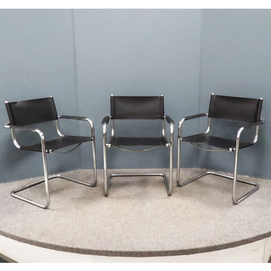 SET (3) MATTEO GRASSI LEATHER, ARMCHAIR: SET (3) MATTEO GRASSI LEATHER, CHROME AND STEEL ARMCHAIRS