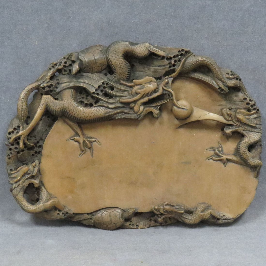 CHINESE CARVED MARBLE SCHOLAR'S INK STONE: CHINESE CARVED MARBLE SCHOLAR'S INK STONE. 11 X 15 1/2"