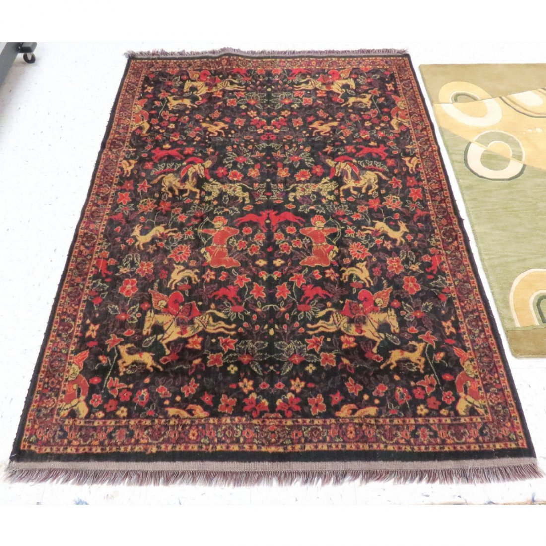FRENCH/PERSIAN HUNT DESIGN RUG: FRENCH/PERSIAN HUNT DESIGN RUG. 5'4" X 7'4"