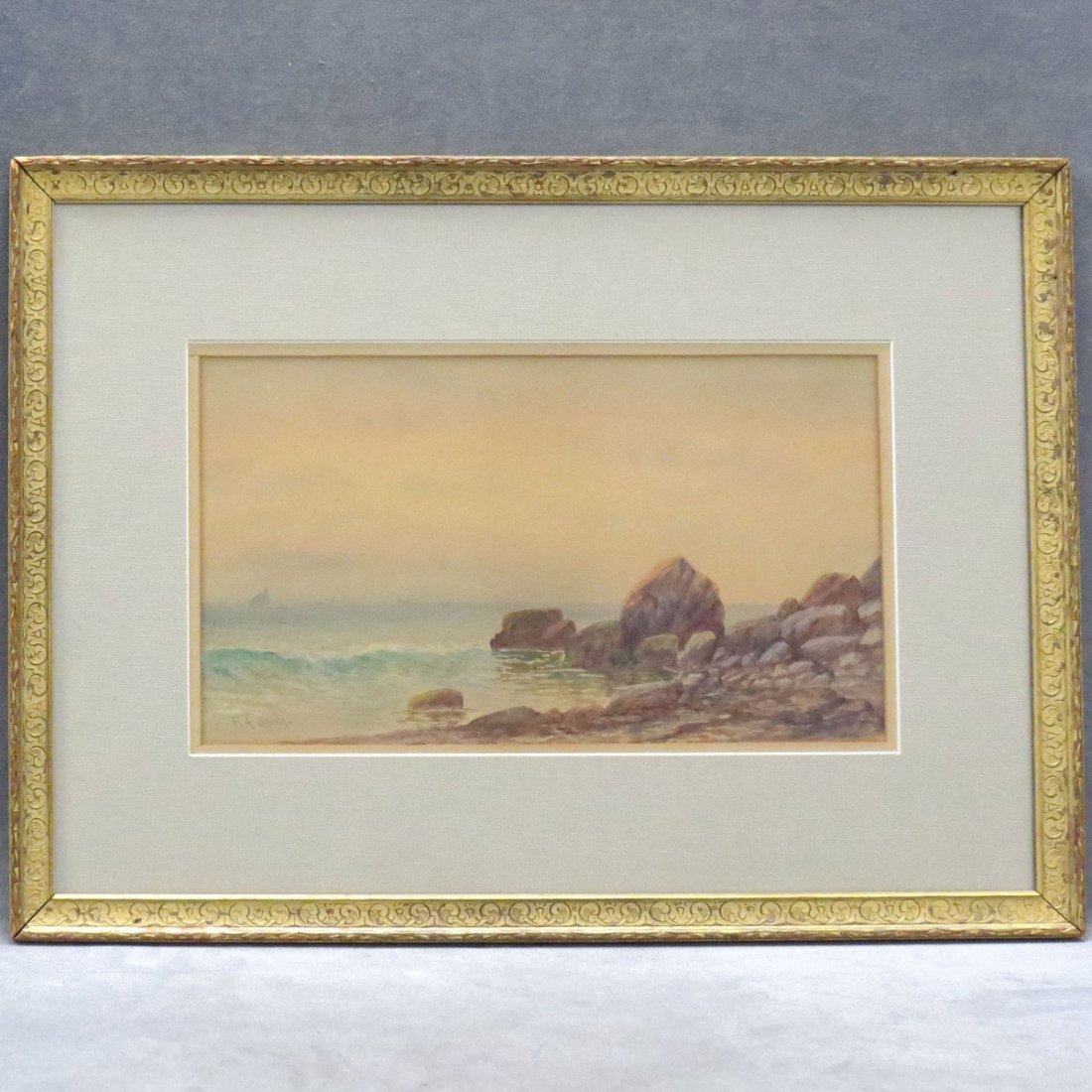 FRANCIS AUGUSTUS SILVA (AMERICAN/NY 1835-1888): FRANCIS AUGUSTUS SILVA (AMERICAN/NY 1835-1888), WATERCOLOR ON PAPER LAID ON BOARD, VIEW OF A ROCKY COASTLINE, SIGNED. SIGHT 18 X 17 3/4"; FRAMED AND 20 X 28"