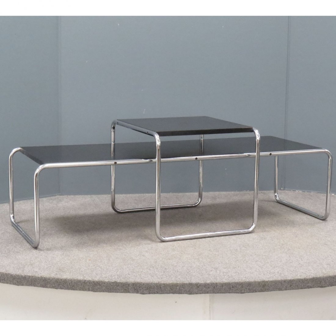 LOT (2) MARCEL BREUER DESIGN FOR KNOLL, LACCIO: LOT (2) MARCEL BREUER DESIGN FOR KNOLL, LACCIO COFFEE TABLE, HEIGHT 23"; LENGTH 53" AND SIDE TABLE, HEIGHT 18"; LENGTH 22"
