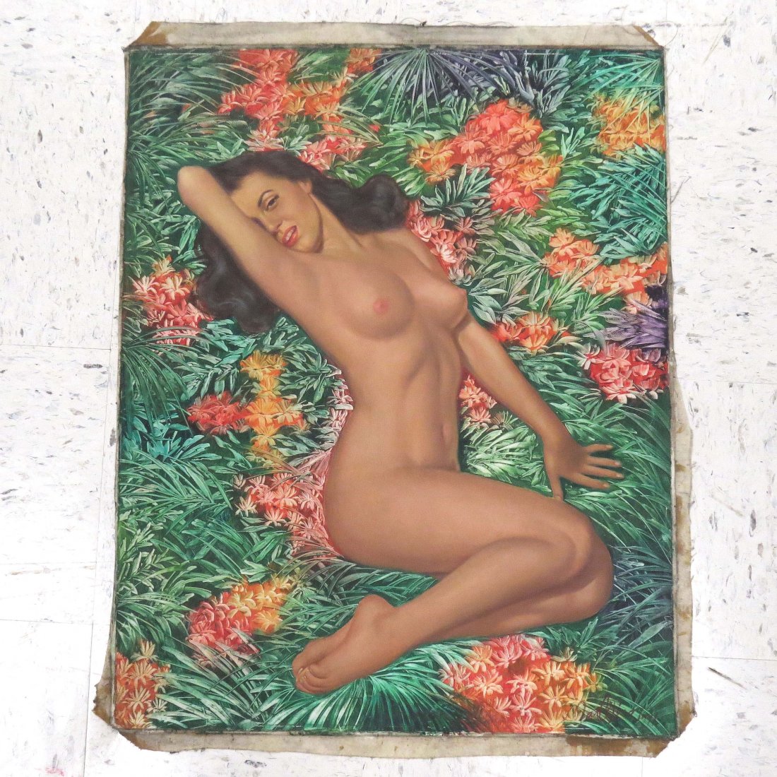 VINTAGE PIN-UP, ART OIL ON CANVAS, JUNGLE PRINCESS: VINTAGE PIN-UP, ART OIL ON CANVAS, JUNGLE PRINCESS, SIGNED NAT CELINO 1947. 30 1/2 X 24" (UN-STRETCHED)