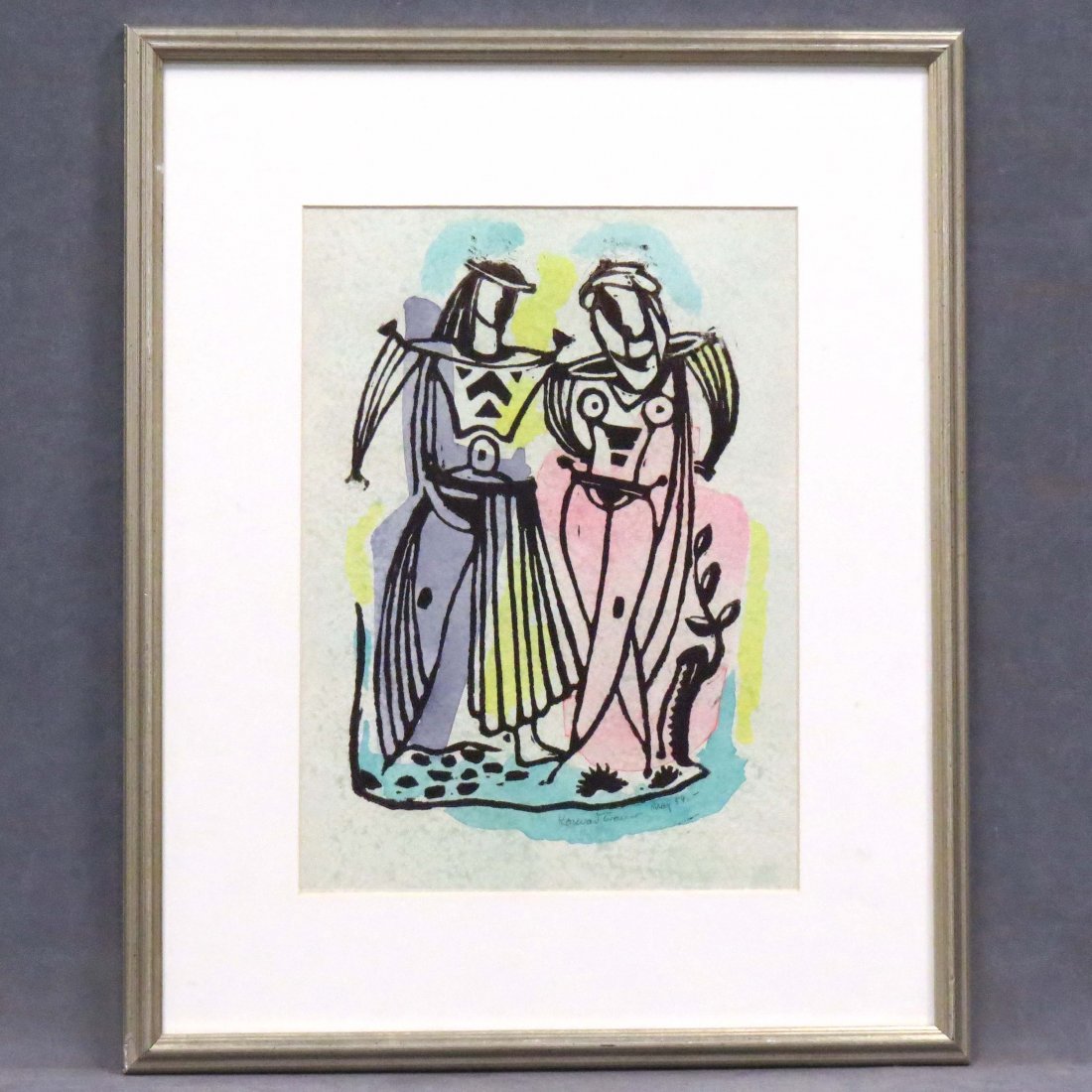 KONRAD CRAMER (AMERICAN/WOODSTOCK NY 1888-1963): KONRAD CRAMER (AMERICAN/WOODSTOCK NY 1888-1963), LINOCUT WITH WATERCOLOR, ABSTRACT FIGURES, SIGNED MAY 1954. SIGHT 14 X 10"; FRAMED AND GLAZED-20 X 17"