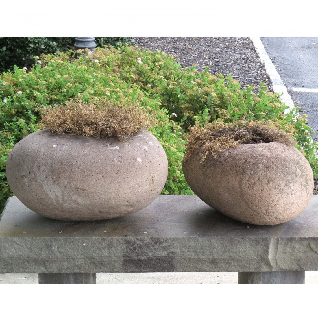 PAIR CARVED NATURAL RIVER STONE PLANTERS: PAIR CARVED NATURAL RIVER STONE PLANTERS