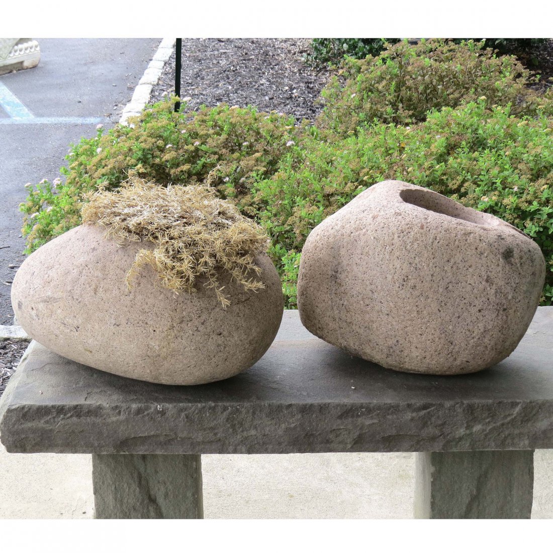 PAIR CARVED NATURAL RIVER STONE PLANTERS: PAIR CARVED NATURAL RIVER STONE PLANTERS