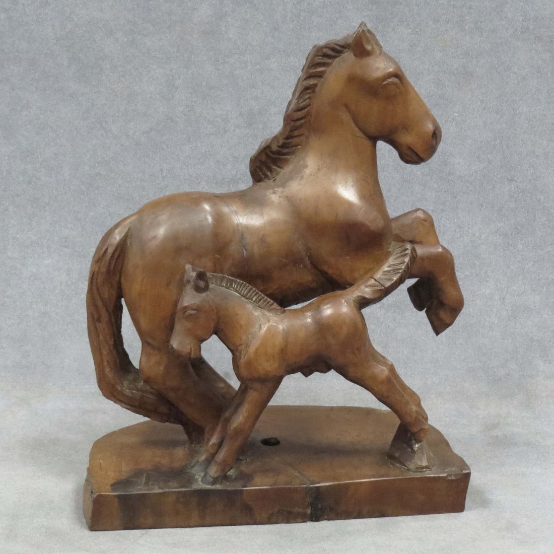 FOLK ART CARVED FRUITWOOD MARE AND FOAL: FOLK ART CARVED FRUITWOOD MARE AND FOAL. HEIGHT 11"; WIDTH 9"