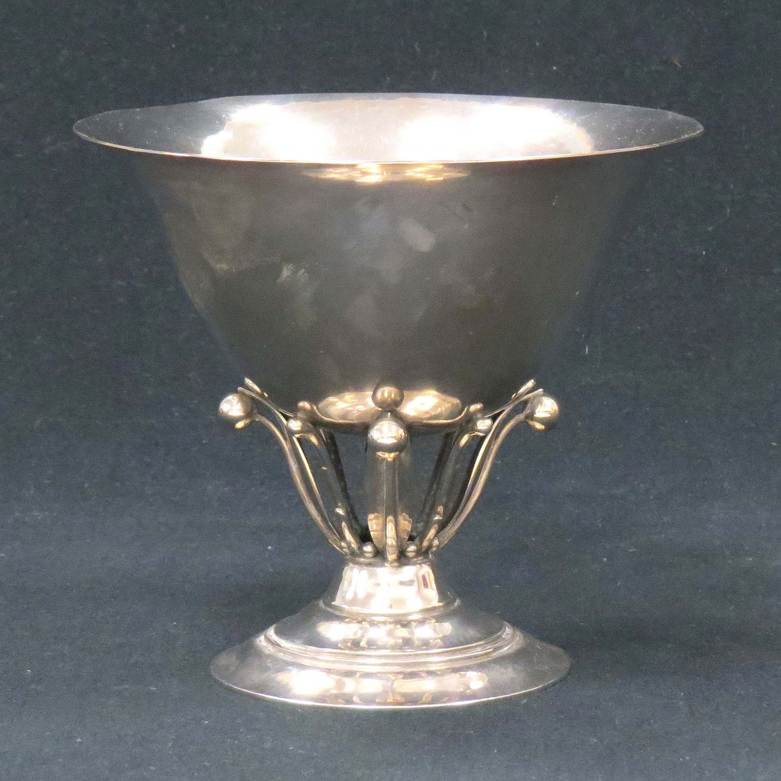 GEORG JENSEN STERLING COMPOTE WITH JOHAN ROHDE: GEORG JENSEN STERLING COMPOTE WITH JOHAN ROHDE (1856-1935) DESIGNER MARK AND HALLMARKED, #17B. HEIGHT 5 1/4"; DIAMETER 5 3/4"; 8.89 OZT
