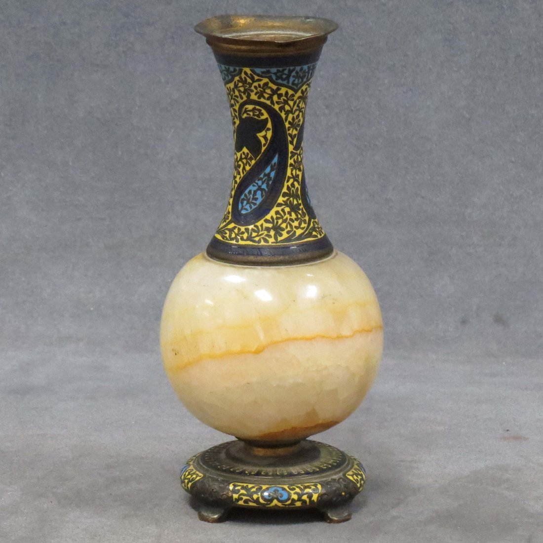 FRENCH CHAMPLEVE AND AGATE MOUNTED VASE: FRENCH CHAMPLEVE AND AGATE MOUNTED VASE, 19TH CENTURY. HEIGHT 6 1/2"