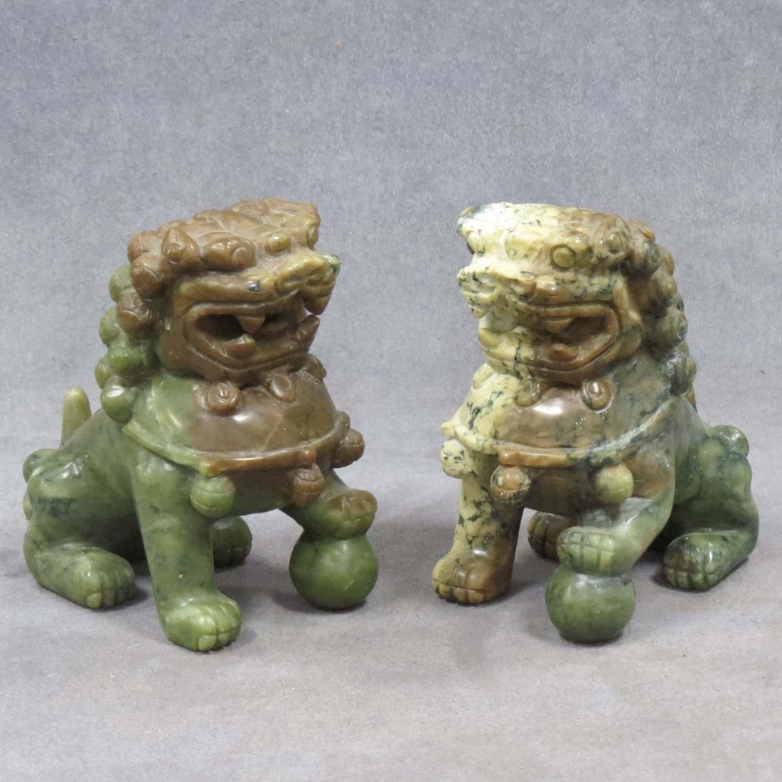 PAIR CHINESE CARVED SOAPSTONE FOO DOGS: PAIR CHINESE CARVED SOAPSTONE FOO DOGS. HEIGHT 5"