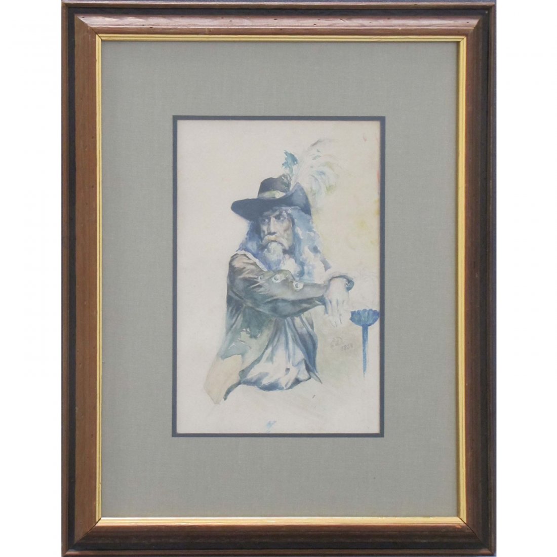 CIRCLE OF EUGENE DELACROIX (FRENCH 19TH CENTURY): CIRCLE OF EUGENE DELACROIX (FRENCH 19TH CENTURY), WATERCOLOR, SEATED CAVALIER, SIGNED 1858. SHEET 15 1/2 X 11"; FRAMED AND GLAZED-22 X 18" (GRAPHITE SKETCH VERSO)