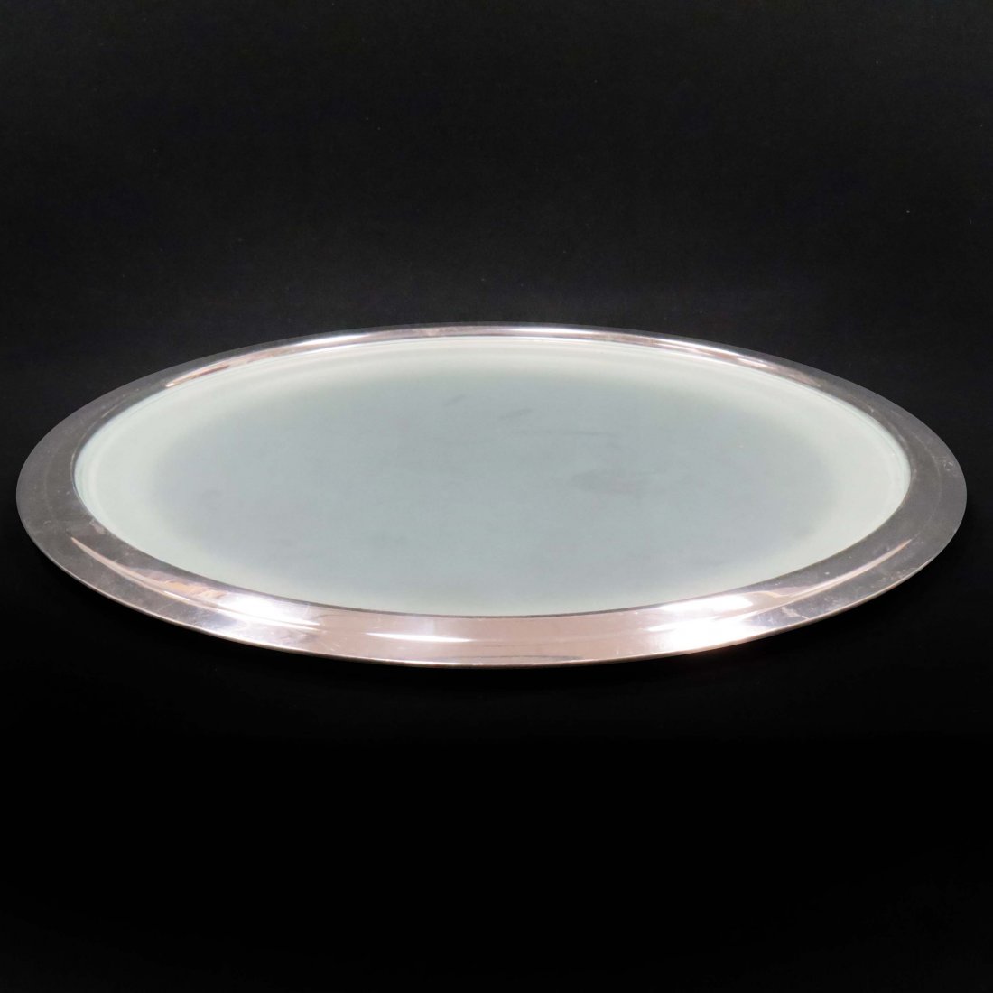 CHRISTOFLE SILVER PLATE DRESSER TRAY/CHARGER: CHRISTOFLE SILVER PLATE DRESSER TRAY/CHARGER WITH FROSTED GLASS INSERT. DIAMETER 13 1/2"