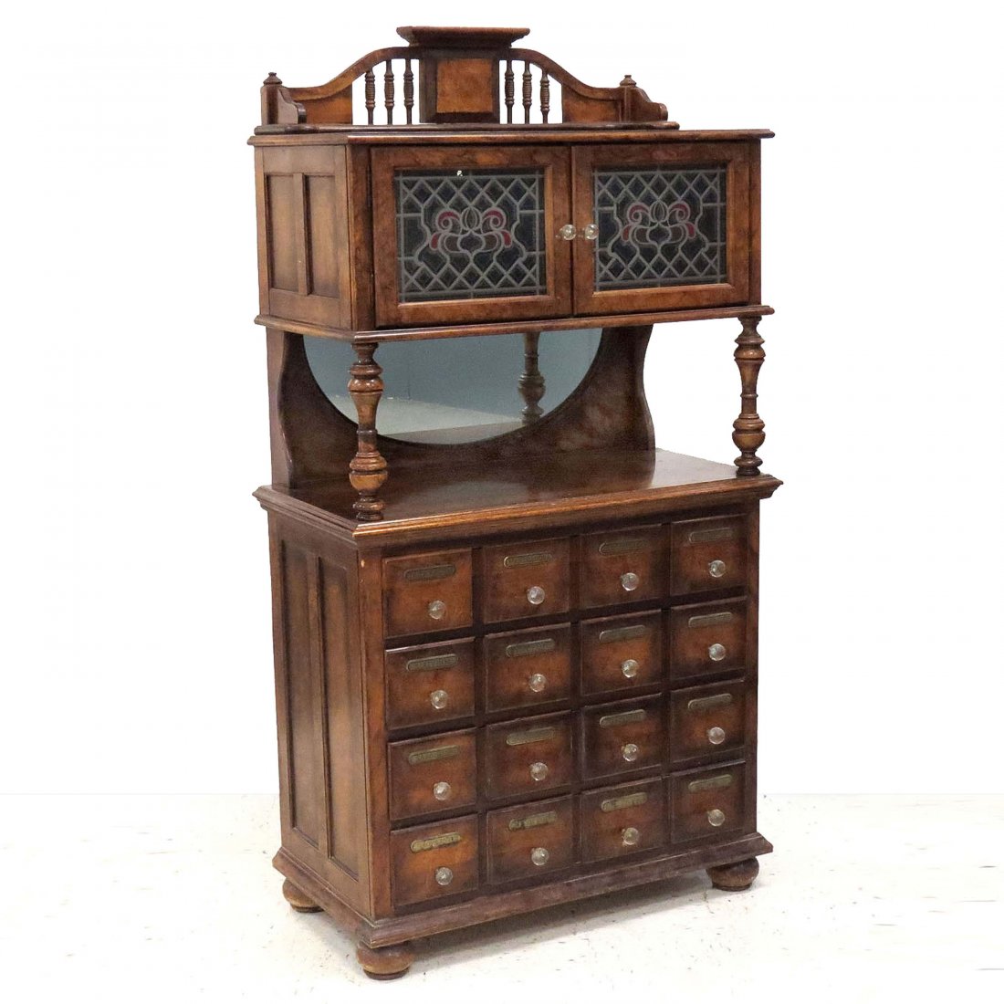 LEONARD EISEN DESIGN, APOTHECARY CABINET: LEONARD EISEN DESIGN, EDWARD VII STYLE FRUITWOOD APOTHECARY CABINET. HEIGHT 73"; WIDTH 36"
