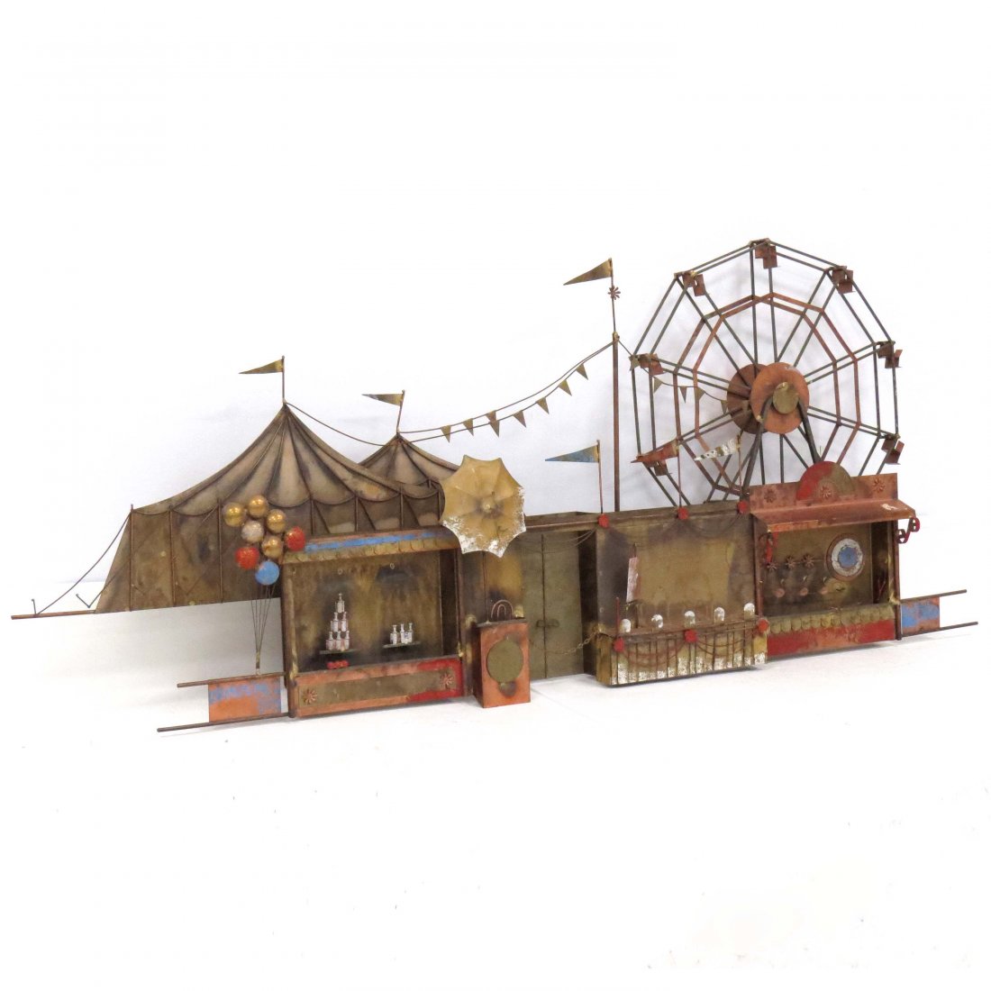 CURTIS JERE (AMERICAN 1917-2007), “CARNIVAL”: CURTIS JERE (AMERICAN 1917-2007), BRASS, COPPER AND IRON "CARNIVAL", SIGNED (2X). HEIGHT 22"; LENGTH 52"