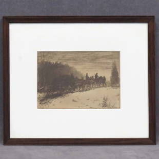 WILLIAM HENRY SHELTON (AMERICAN 1840-1932): WILLIAM HENRY SHELTON (AMERICAN 1840-1932), ETCHING, "CHRISTMAS EVE", SIGNED C.1884. SIGHT 6 1/2 X 9 1/4"; FRAMED AND GLAZED-14 X 17"