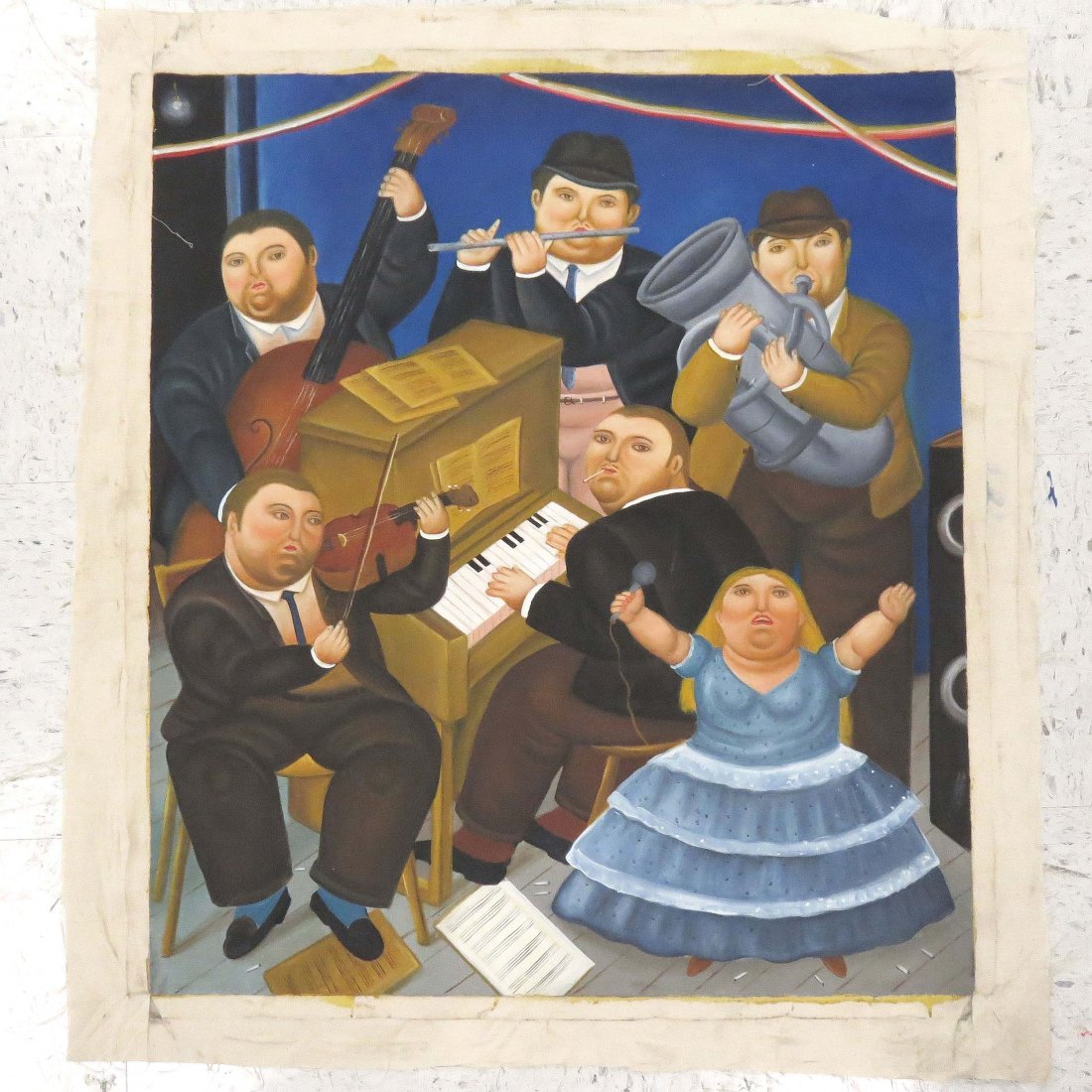 AFTER FERNANDO BOTERO (COLUMBIAN 1932-), OIL: AFTER FERNANDO BOTERO (COLUMBIAN 1932-), OIL ON CANVAS, "MUSICIANS", C.1980. 31 1/2 X 28" (UN-STRETCHED)