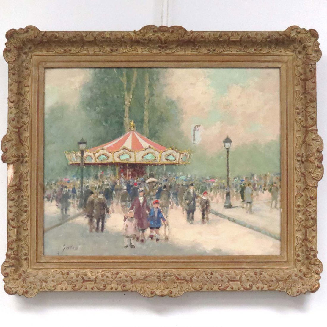 ANDRE GISSON (FRENCH/AMERICAN 1921-2003), OIL: ANDRE GISSON (FRENCH/AMERICAN 1921-2003), OIL ON CANVAS, CHAMPS ELYSEES CAROUSEL, SIGNED INVENTORY #25. 16 1/2 X 20"; FRAMED 22 X 25 1/2" (IMPERFECTION)