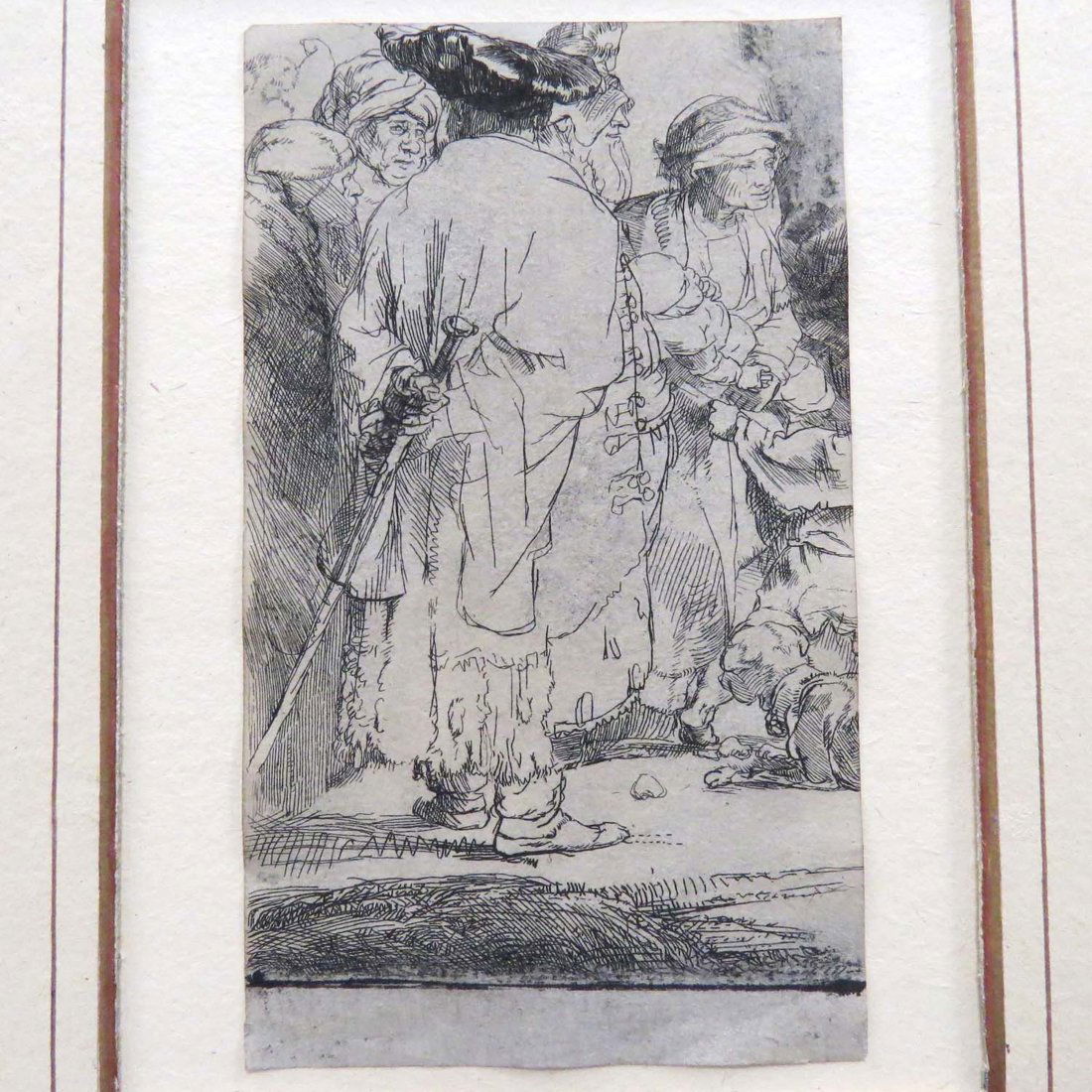 REMBRANDT VAN RIJN AND WILLIAM BAILLIE, ETCHING: REMBRANDT VAN RIJN AND WILLIAM BAILLIE, ETCHING, THE MAN WITH A CANE, (LEFT FRAGMENT FROM THE HUNDRED GUILDER PRINT), (H236) PLATE DIVIDED AFTER 1735. PLATE 5 1/2 X 3 1/16" (14 X 7.7CM) TRIMMED TO PLA