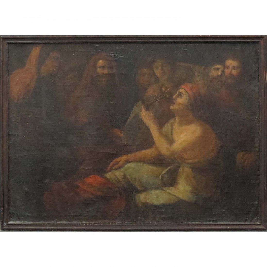 CONTINENTAL SCHOOL (17/18TH CENTURY), OIL: CONTINENTAL SCHOOL (17/18TH CENTURY), OIL ON CANVAS LAID ON BOARD, FIGURES WITH CHALICE. FRAMED 45 X 60"