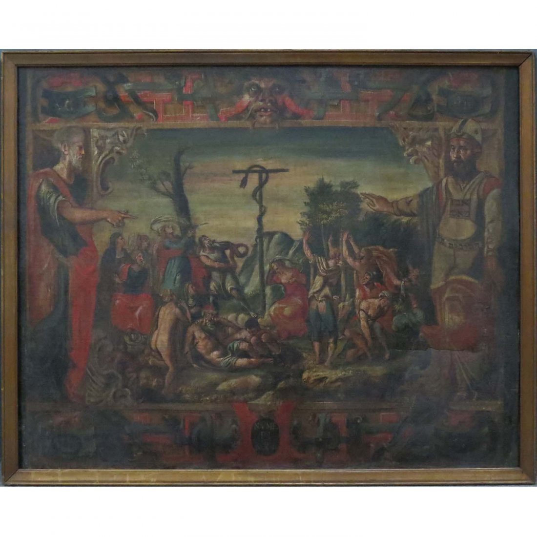 SPANISH SCHOOL (17/18TH CENTURY), OIL ON CANVAS: SPANISH SCHOOL (17/18TH CENTURY), OIL ON CANVAS, ALLEGORICAL SCENE-THE EXODUS, MOSES AND SERPENT, HEBREW INSCRIPTION. 41 X 50 1/2"; FRAMED 44 X 53 1/2" (IMPERFECTION)
