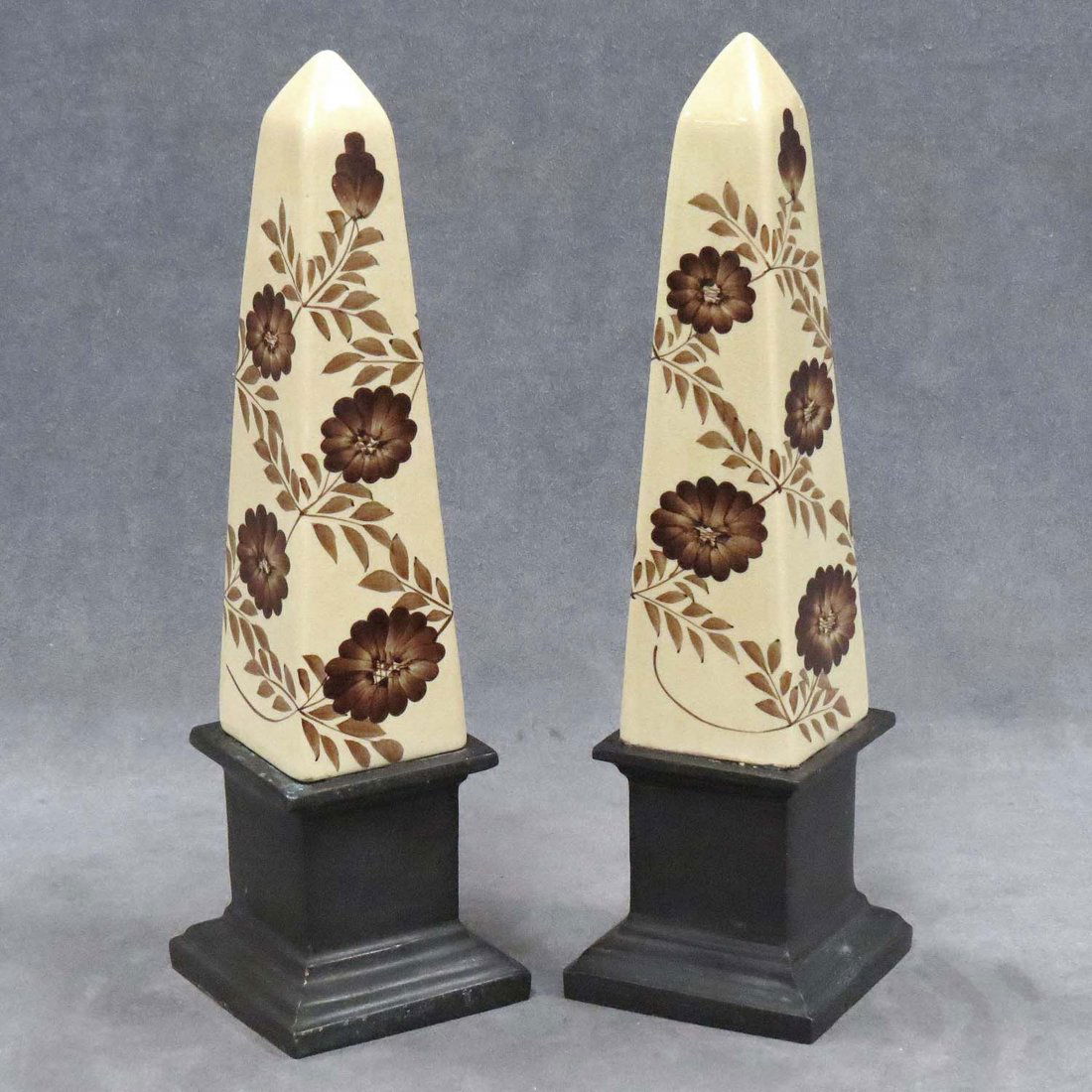 PAIR FRENCH STYLE BRASS AND PORCELAIN OBELISKS: PAIR FRENCH STYLE BRASS AND PORCELAIN OBELISKS. HEIGHT 12 3/4"