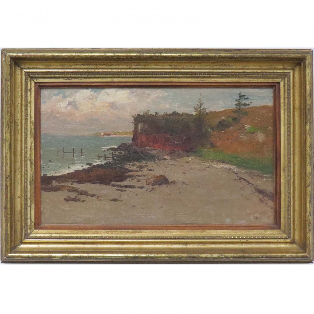 ATTRIBUTED TO ALFRED BRICHER (AMERICAN 1837-1908): ATTRIBUTED TO ALFRED BRICHER (AMERICAN 1837-1908), OIL ON CANVAS, BEACH SCENE, MONOGRAMMED. 10 1/2 X 17 1/2"; FRAMED 16 X 23" (RELINED)