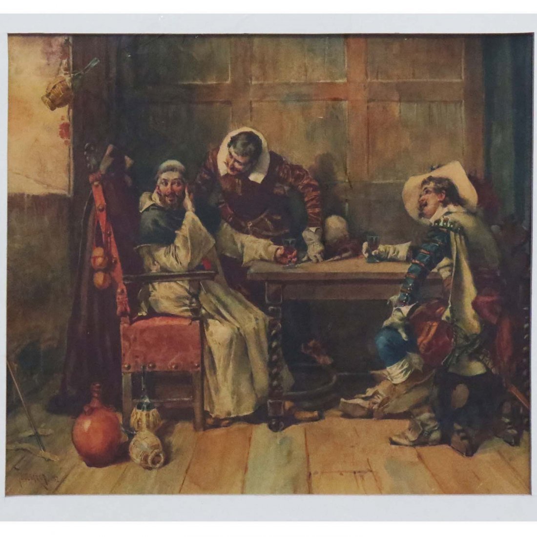 BROR THURE DE THULSTRUP (1848-1930), WATERCOLOR: BROR THURE DE THULSTRUP (1848-1930), WATERCOLOR, CAVALIERS WITH A MONK, SIGNED 82. 14 1/2 X 21" (IMPERFECTIONS)