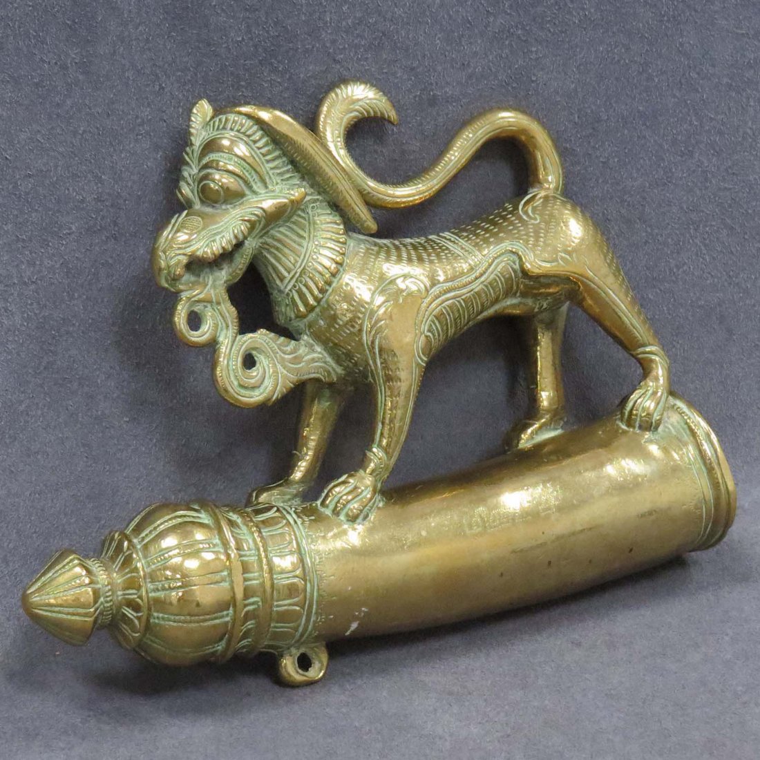INDONESIAN BRASS MYTHICAL BEAST FITTING: INDONESIAN BRASS MYTHICAL BEAST FITTING. HEIGHT 5 1/2"; LENGTH 7"