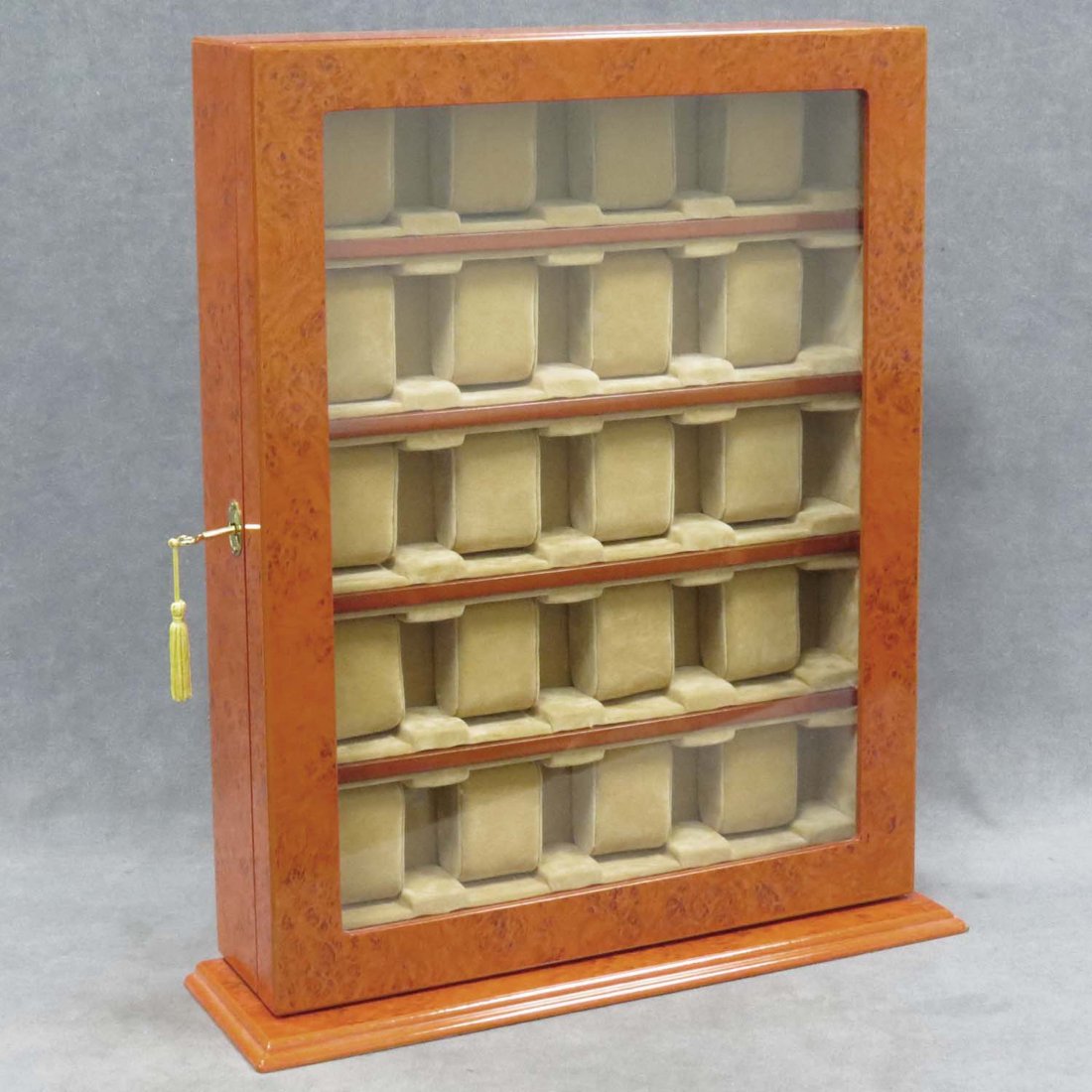BURL STANDING/WALL MOUNT 20-WRISTWATCH CABINET: BURL STANDING/WALL MOUNT 20-WRISTWATCH CABINET. HEIGHT 20 1/2"; WIDTH 15"