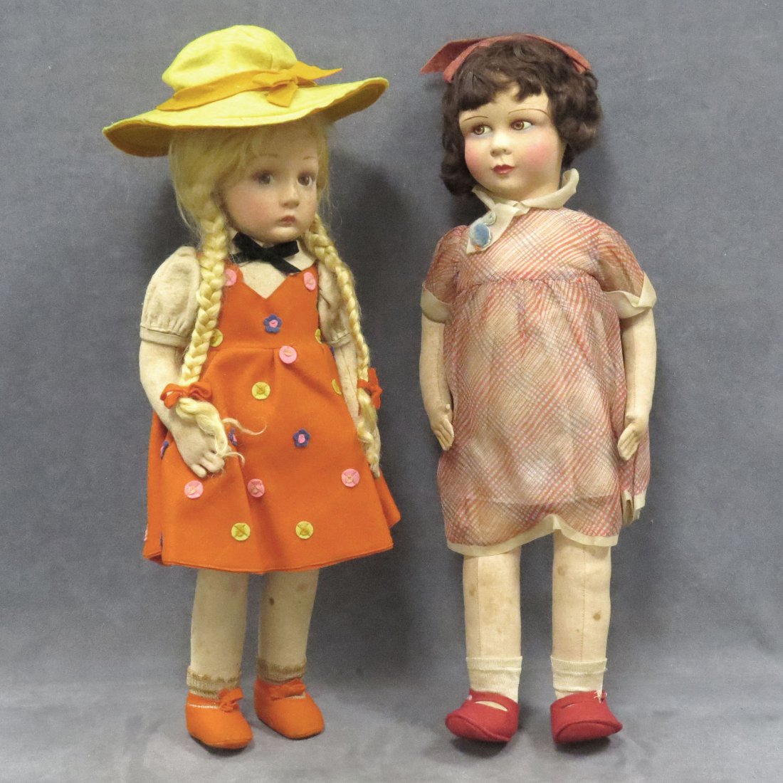 LOT (2) VINTAGE LENCI DOLLS WITH ORIGINAL CLOTHING: LOT (2) VINTAGE LENCI DOLLS WITH ORIGINAL CLOTHING. HEIGHT 18" & 20" (STAINING)