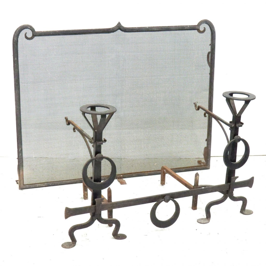 LOT INCLUDING PAIR WROUGHT IRON RENAISSANCE STYLE: LOT INCLUDING PAIR WROUGHT IRON RENAISSANCE STYLE ANDIRONS, CROSS BAR AND SCREEN, HEIGHT 27 1/2"; SCREEN, HEIGHT 39"; WIDTH 50"
