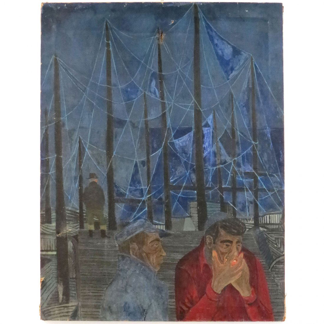 ATTRIBUTED TO PEPPINO MANGRAVITE: ATTRIBUTED TO PEPPINO MANGRAVITE (AMERICAN/NY 1898-1978), OIL ON CANVAS, FIGURES ON THE DOCKS, UNSIGNED (ESTATE #118). 52 X 40" (IMPERFECTIONS)