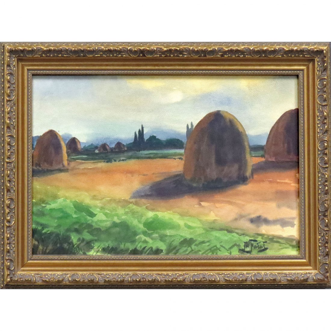 JULIAN FALAT (POLAND 1853-1929), WATERCOLOR: JULIAN FALAT (POLAND 1853-1929), WATERCOLOR ON PAPER, HAYSTACKS, SIGNED AND TITLED, STAMPED VERSO. 12 X 18"; FRAMED AND GLAZED-16 X 22"