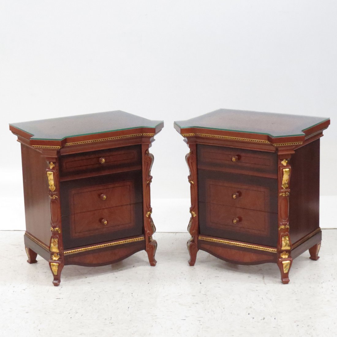 PAIR REGENCY REVIVAL BED SIDE STANDS: PAIR REGENCY REVIVAL CARVED AND PARCEL GILT BED SIDE STANDS. HEIGHT 28"; WIDTH 24"