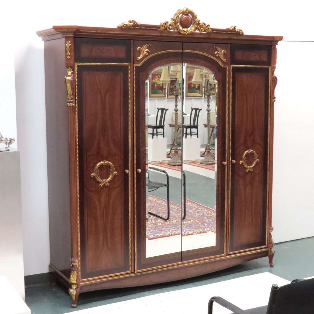 REGENCY REVIVAL ROSEWOOD DRESSING CABINET: REGENCY REVIVAL CARVED AND PARCLE GILT ROSEWOOD DRESSING CABINET. HEIGHT 90"; WIDTH 78"