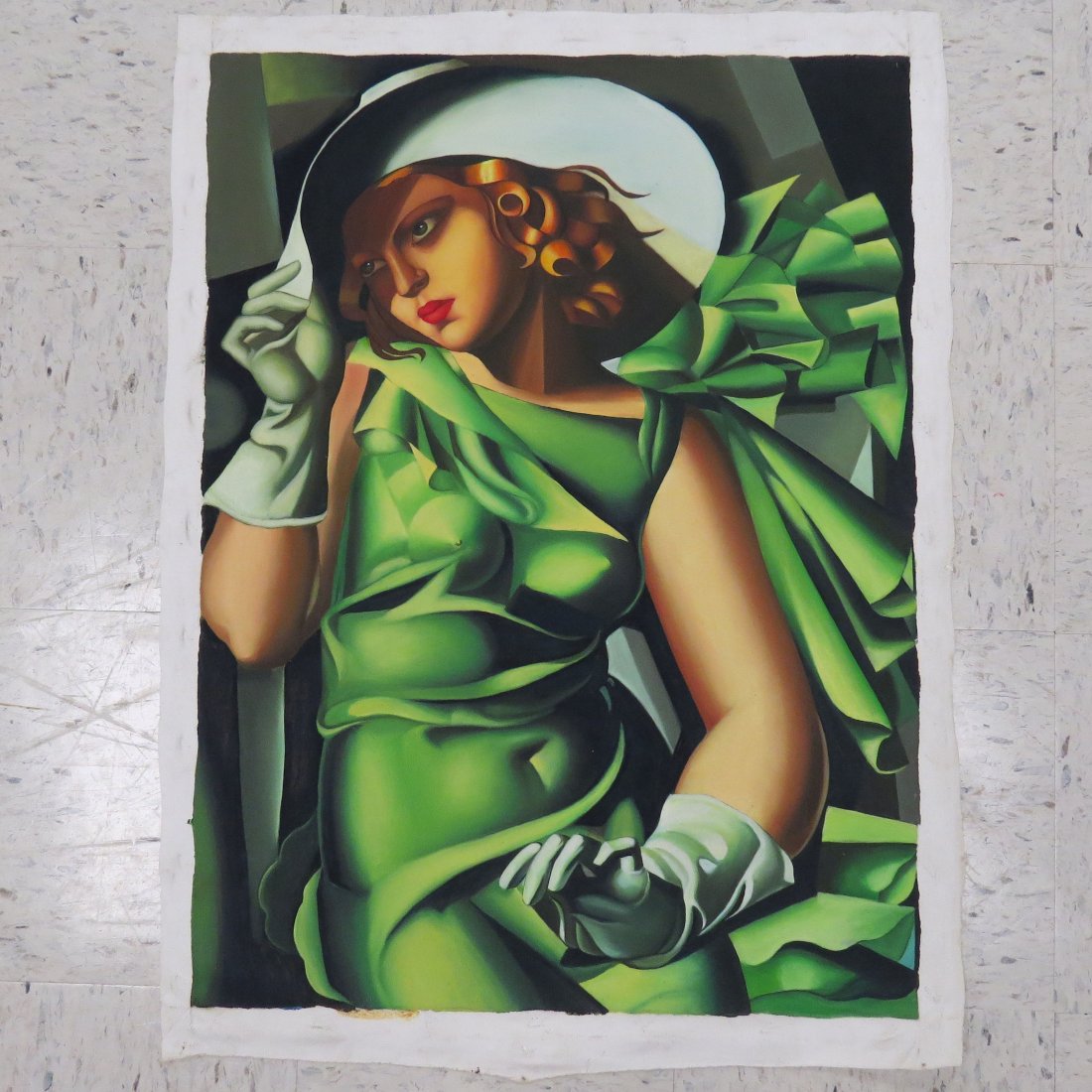 MODERN MASTER AFTER TAMARA DE LEMPICKA, OIL: MODERN MASTER AFTER TAMARA DE LEMPICKA (POLAND 1898-1980), OIL ON CANVAS, "JEUNE FILLE EN VERT", C.1930. 31 X 23" (UN-STRETCHED)