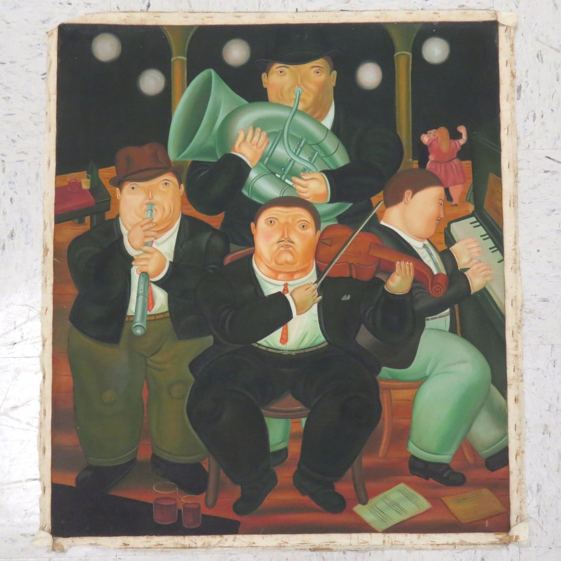 MODERN MASTER AFTER FERNANDO BOTERO: MODERN MASTER AFTER FERNANDO BOTERO (COLUMBIAN 1932-), OIL ON CANVAS, "QUARTET" C.1980. 31 X 27 1/2" (UN-STRETCHED)