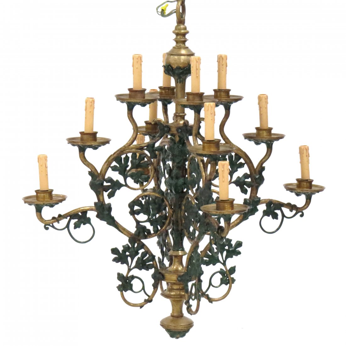 FORGED BRASS AESTHETIC DESIGN 12-LIGHT CHANDELIER: VINTAGE FORGED BRASS AESTHETIC DESIGN 12-LIGHT CHANDELIER. HEIGHT 40"; WIDTH 36"