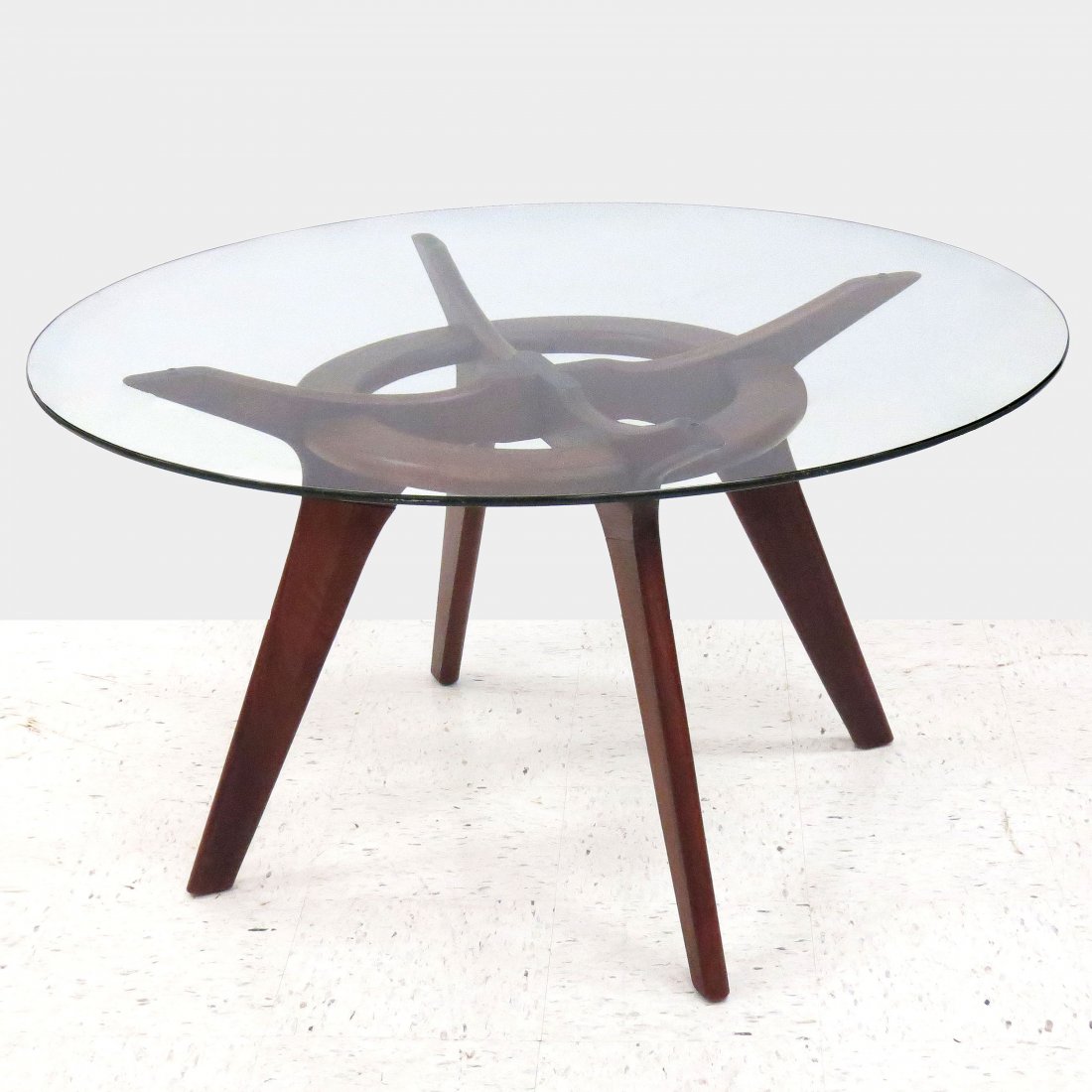 ADRIAN PEARSALL SCANDINAVIAN DESIGNER WALNUT TABLE: ADRIAN PEARSALL SCANDINAVIAN DESIGNER WALNUT TABLE WITH PLATE GLASS TOP. HEIGHT 26"; DIAMETER 48"