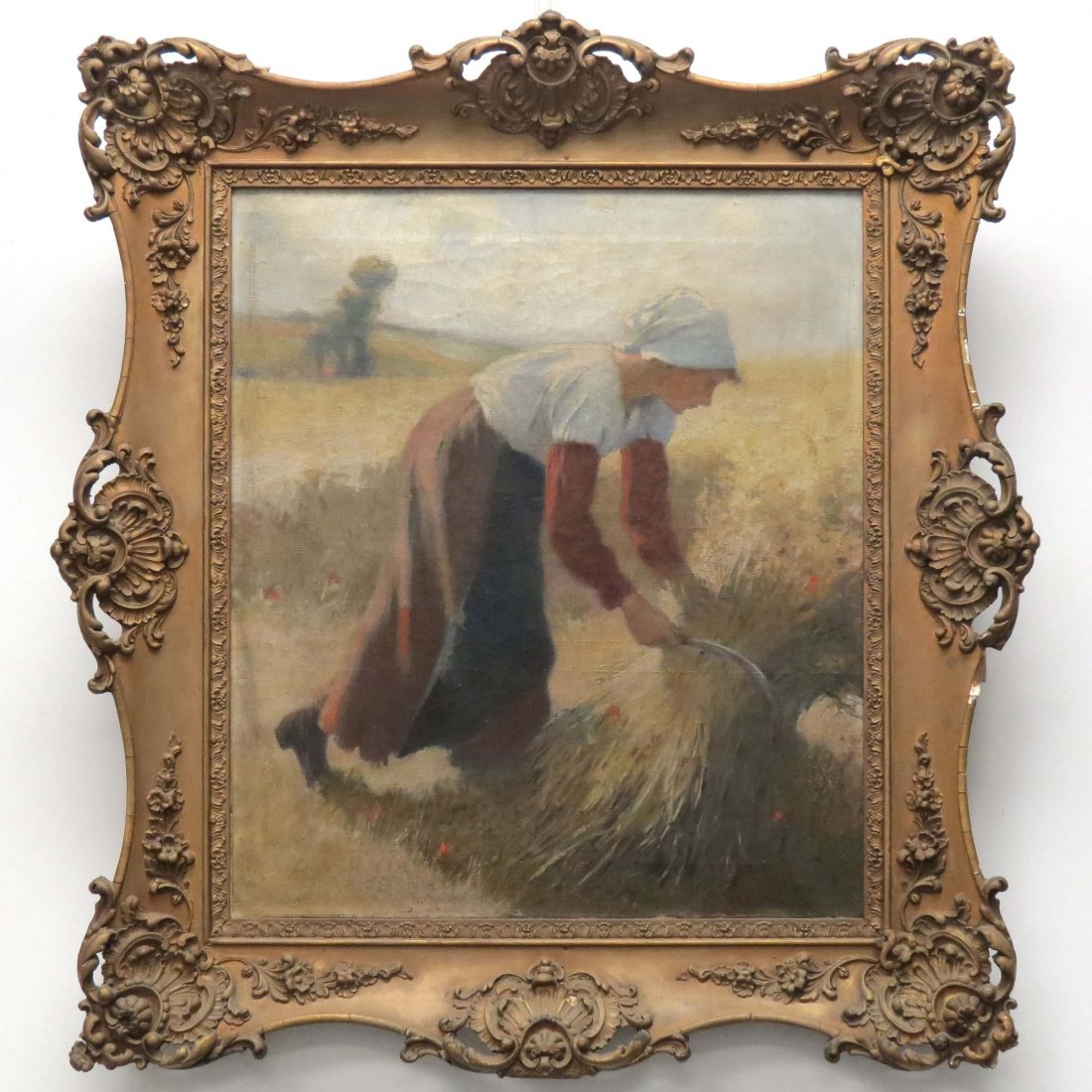 GEORGE AMES ALDRICH (AMERICAN 1872-1941), OIL: GEORGE AMES ALDRICH (AMERICAN 1872-1941), OIL ON CANVAS, CUTTING HAY, SIGNED 1905 (SEAL VERSO). 21 X 18"; FRAMED 28 X 26"