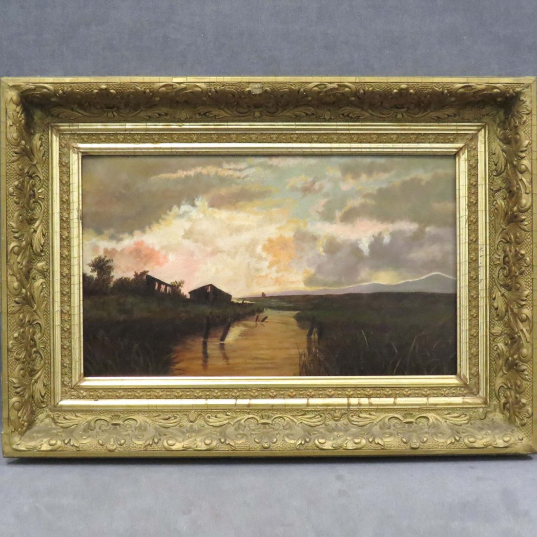 AMERICAN SCHOOL (19TH CENTURY), OIL ON BOARD: AMERICAN SCHOOL (19TH CENTURY), OIL ON BOARD, SUNSET LANDSCAPE, UNSIGNED. 12 X 20"; FINE GILT FRAME- 19 X 27"