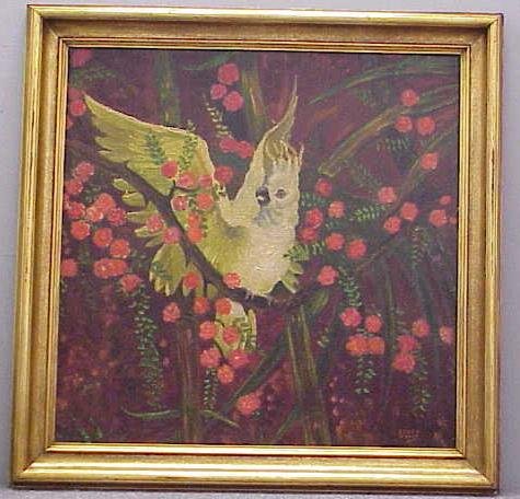 OIL ON CANVAS, STARK DAVIS: OIL ON CANVAS, COCKATOO, SIGNED STARK DAVIS (AMERICAN, 1885-). 28 1/2 X 28 1/2" **PLEASE NOTE: DUE TO ITS SIZE AND/OR FRAGILITY, STANDARD IN-HOUSE PACKING/SHIPPING IS NOT AVAILABLE ON THIS ITEM. FOR Y