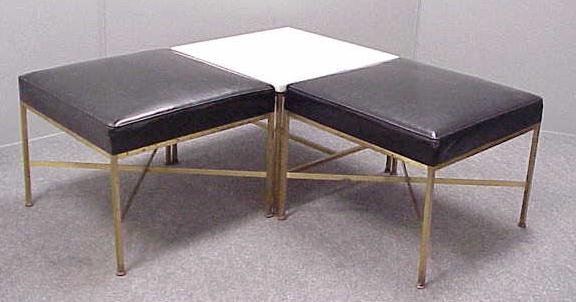 (3) ART MODERN, MANNER PAUL MCC0BB: SET (3) ART MODERN BRASS/GLASS CORNER SET, MANNER OF PAUL McCOBB INCLUDING (2) BENCHES AND GLASS TOP TABLE, C.1960. HEIGHT 15"; TOP 20 X 20"/EACH **PLEASE NOTE: DUE TO ITS SIZE AND/OR FRAGILITY, STAND